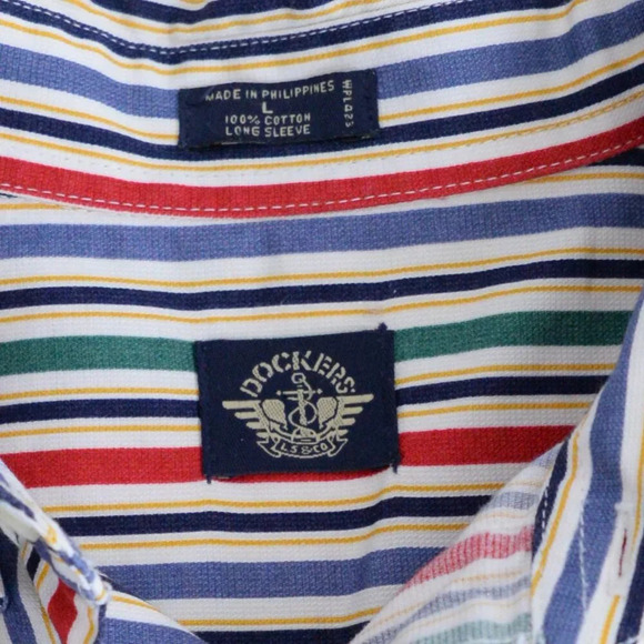 Vintage 90S Dockers Blue And Green Stripe 100% Cotton Button Down Dress Shirt - Picture 10 of 10